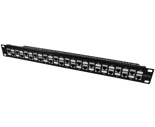 Shielded CAT6A 24-Port Patch Panel, 1U Strain Relief Support Bar