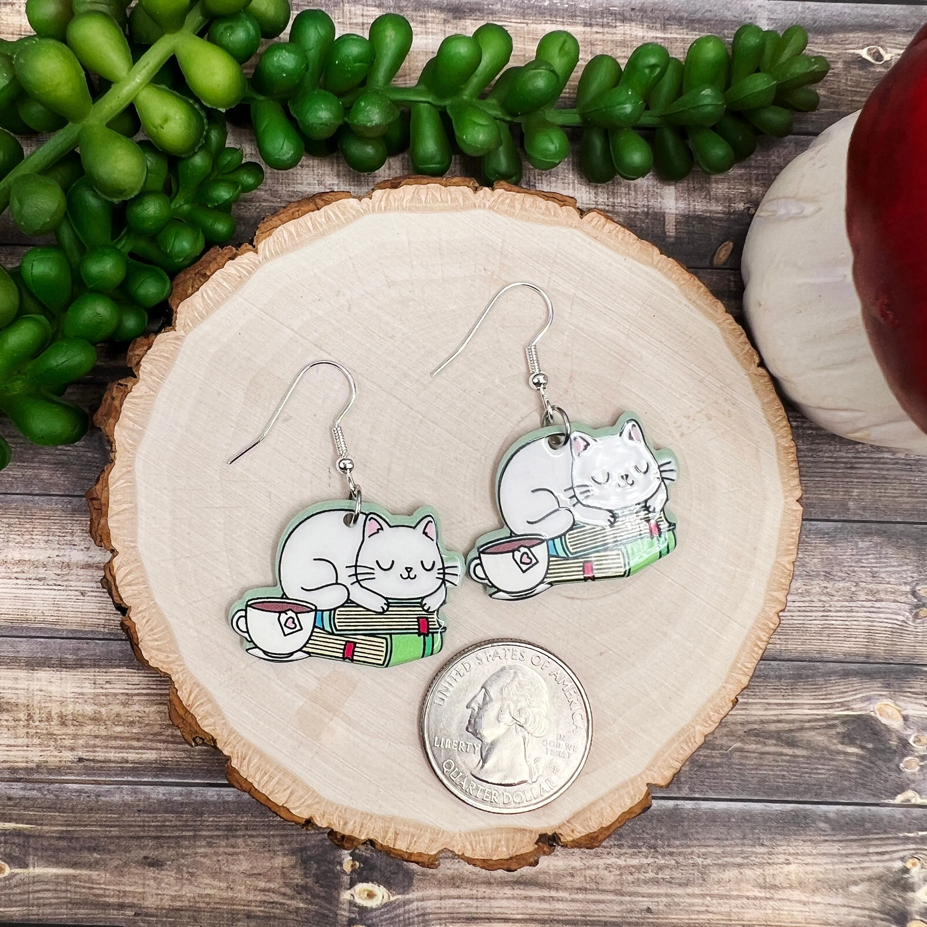 Sleepy White Cat on Books with Tea Acrylic Cat  Earrings, Hypoallergenic Gift