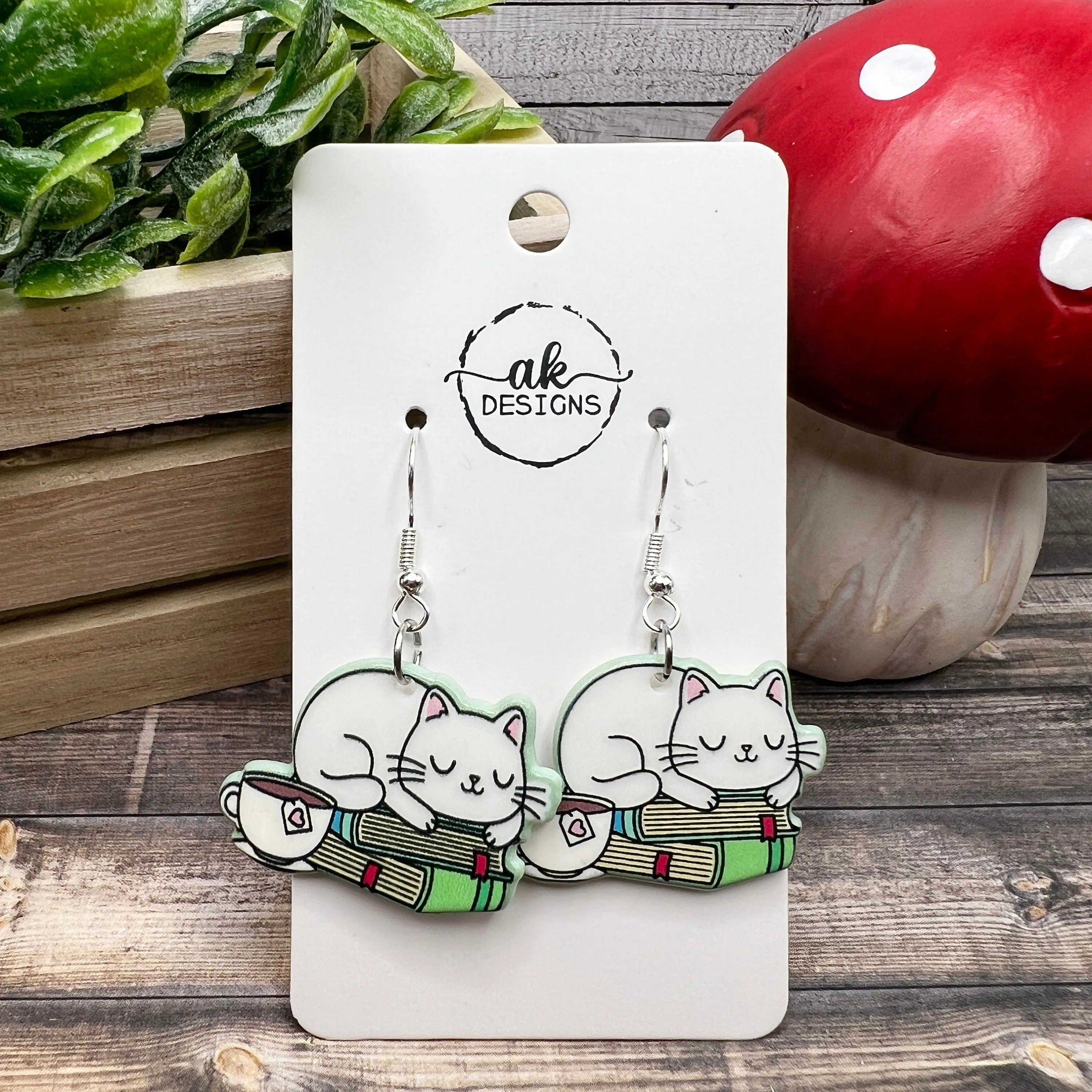 Sleepy White Cat on Books with Tea Acrylic Cat  Earrings, Hypoallergenic Gift