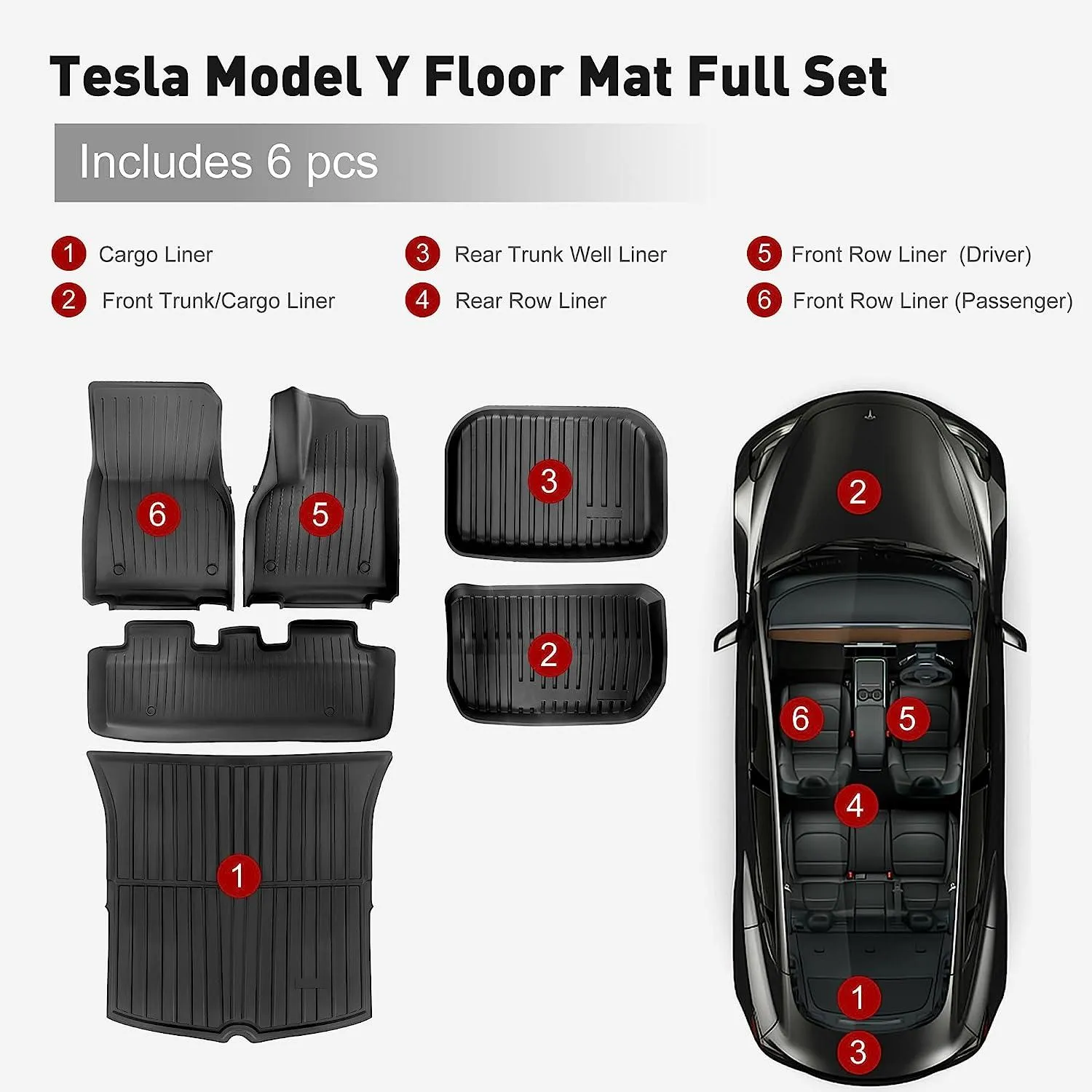 Tesla Model Y Waterproof Anti-Slip Set of 6 TP Floor Mats 2019 2020 2021 2022 2023 Accessories Fit for Front Rear Cargo Liner Set