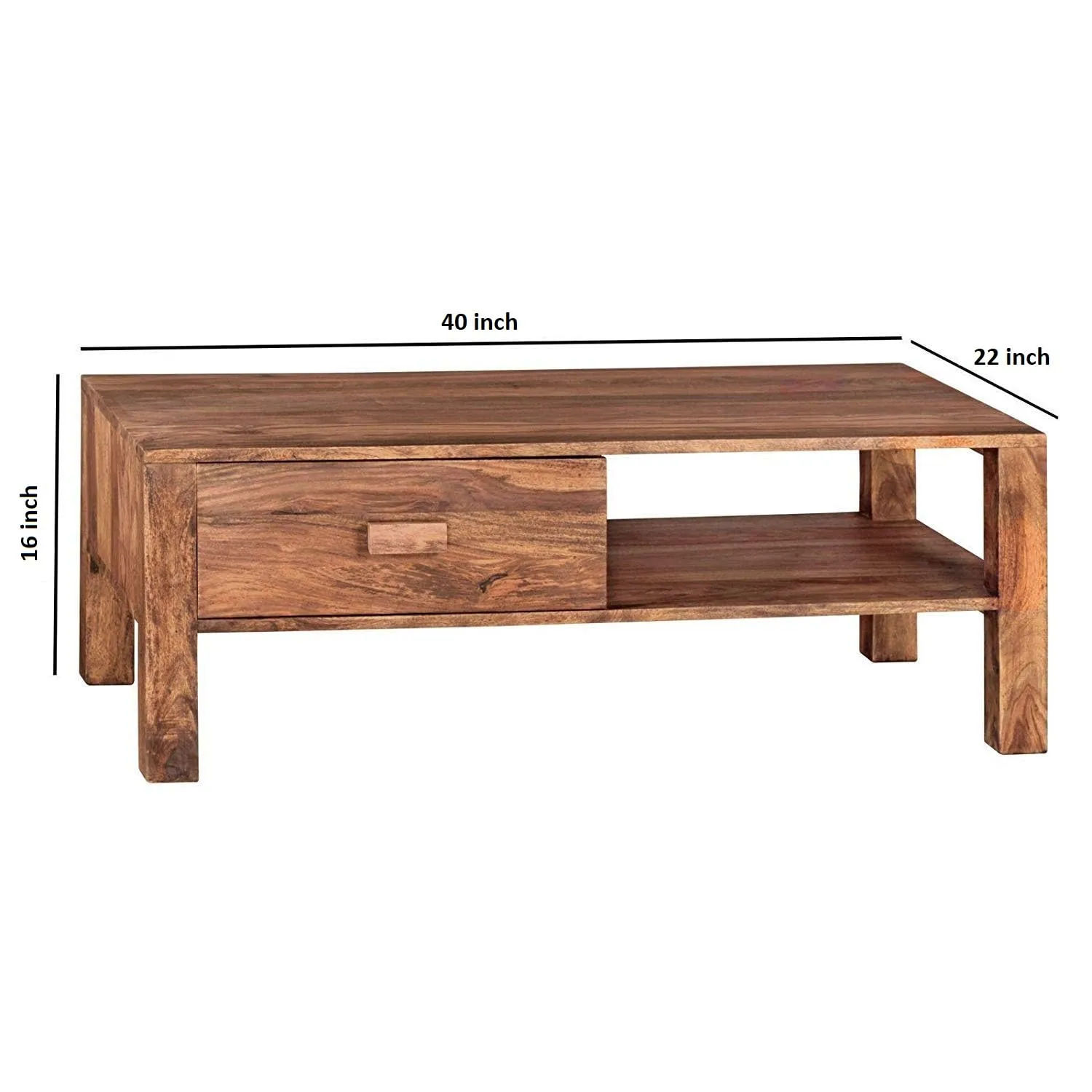 Vivek Wood Rectangle Single Centre Coffee Table for Living Room | Outdoor Center Table for Garden with Drawer & Shelf Storage | Sheesham Wood, Walnut Brown