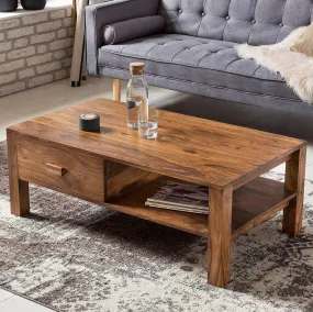 Vivek Wood Rectangle Single Centre Coffee Table for Living Room | Outdoor Center Table for Garden with Drawer & Shelf Storage | Sheesham Wood, Walnut Brown