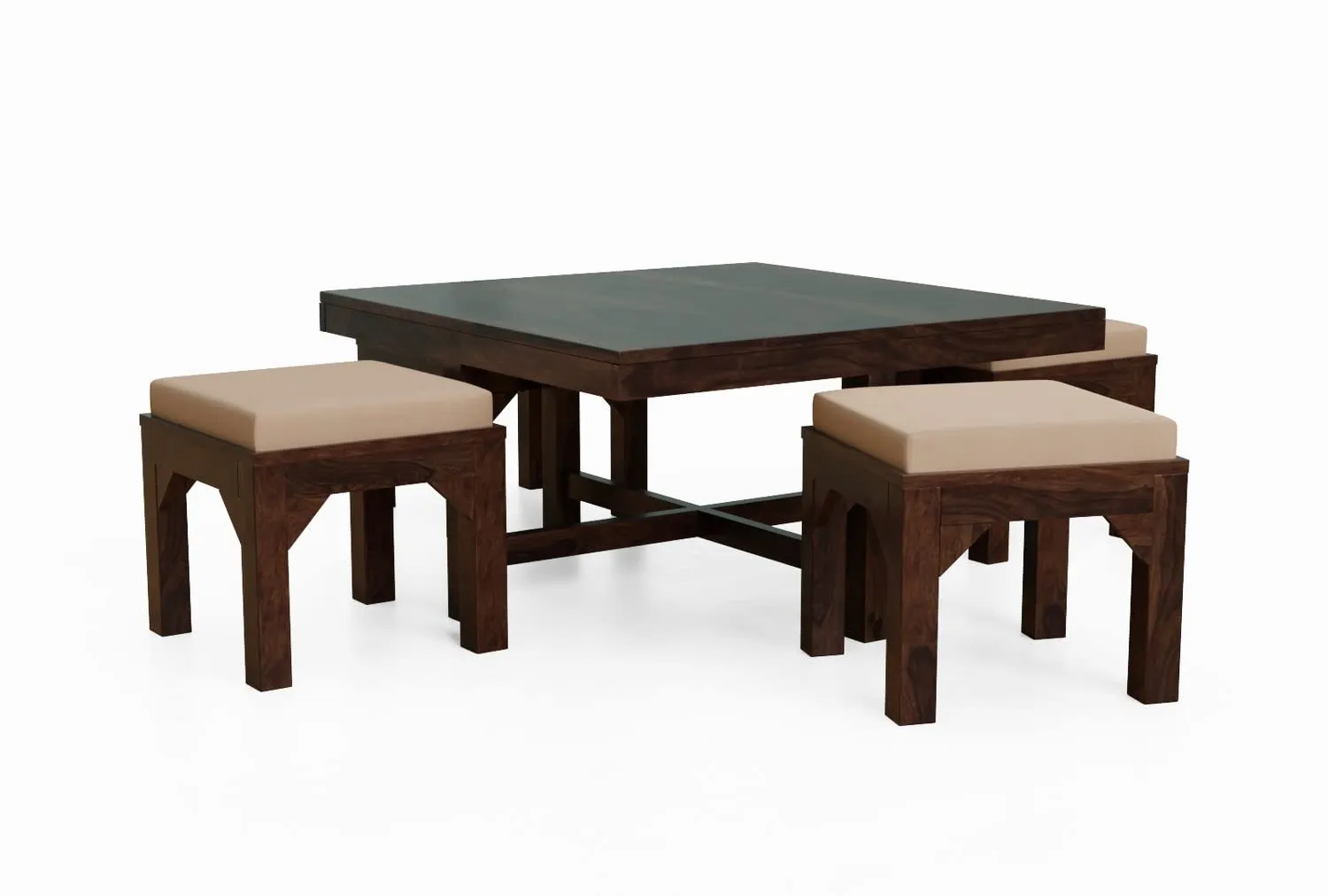 Woodnetic Sheesham Wooden Coffee Table with 4 Cushioned Stools for Living Room in Set Design - Walnut Finish