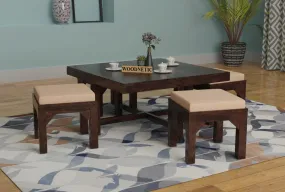 Woodnetic Sheesham Wooden Coffee Table with 4 Cushioned Stools for Living Room in Set Design - Walnut Finish