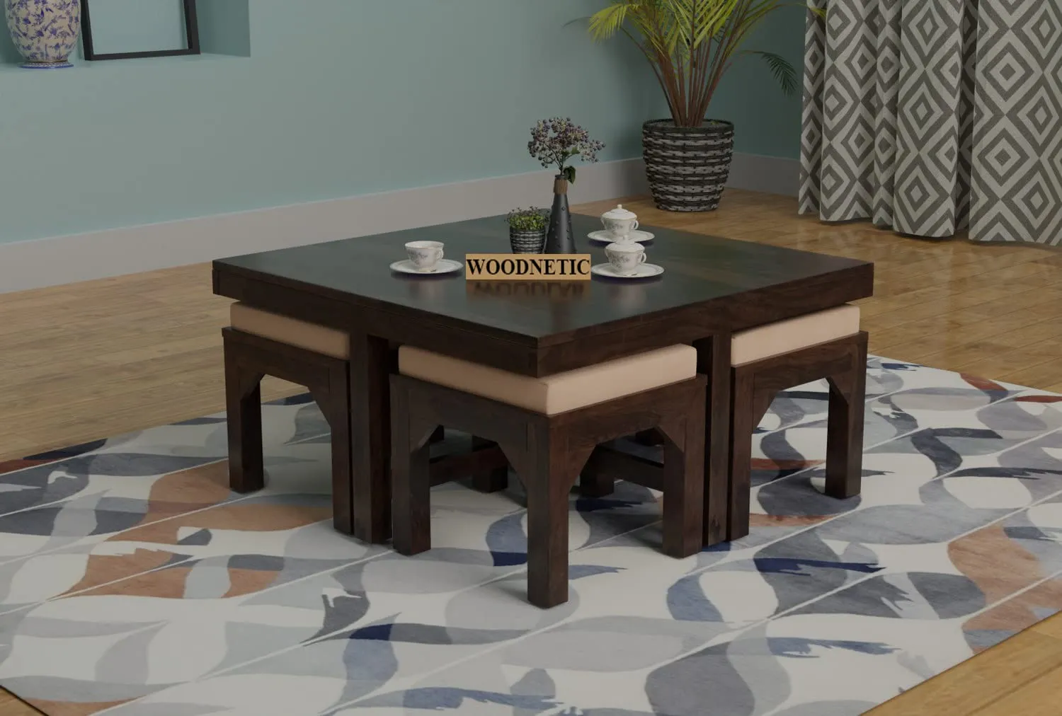 Woodnetic Sheesham Wooden Coffee Table with 4 Cushioned Stools for Living Room in Set Design - Walnut Finish