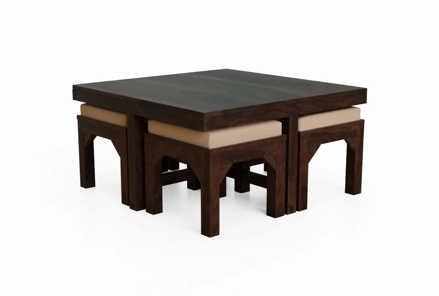 Woodnetic Sheesham Wooden Coffee Table with 4 Cushioned Stools for Living Room in Set Design - Walnut Finish